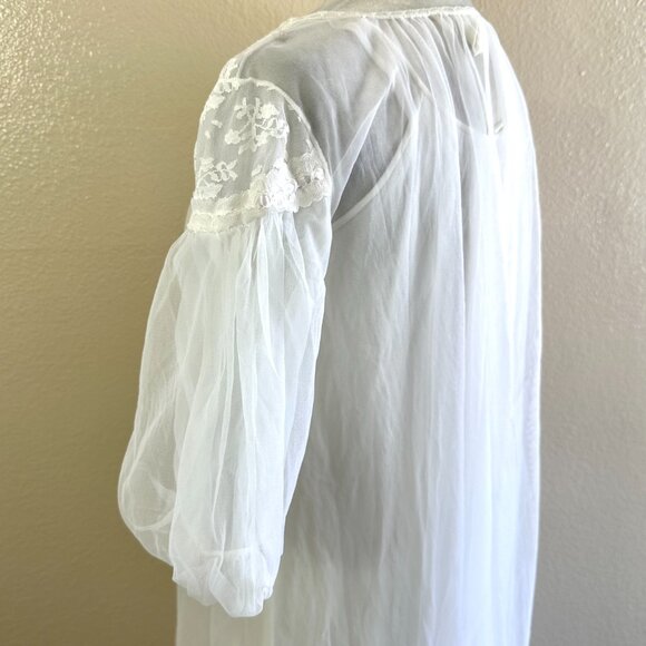 Vintage 70s Unbranded White Flowy Maxi Chiffon Sleep Gown Robe 2pc Set - Picture 8 of 10
